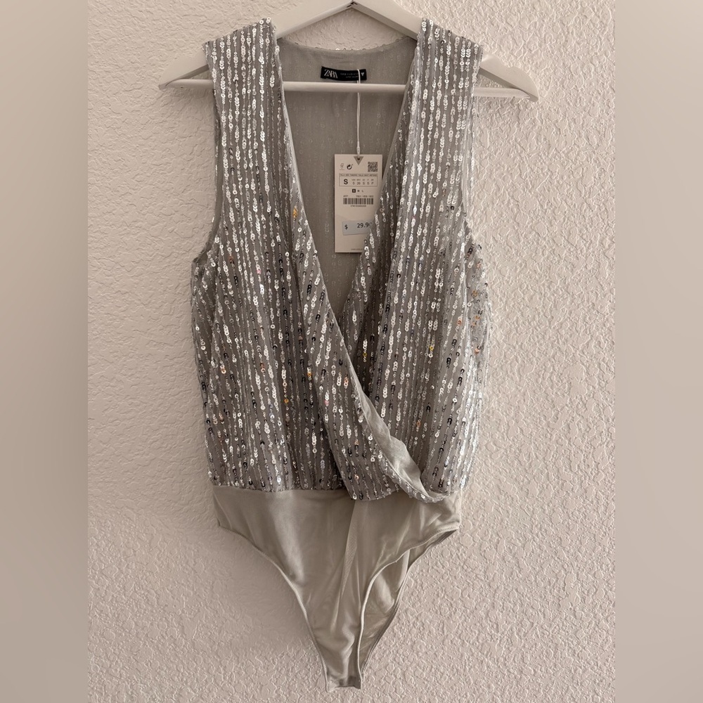 Zara Silver Sequin Wrap Bodysuit|Party Glam Statement Top
